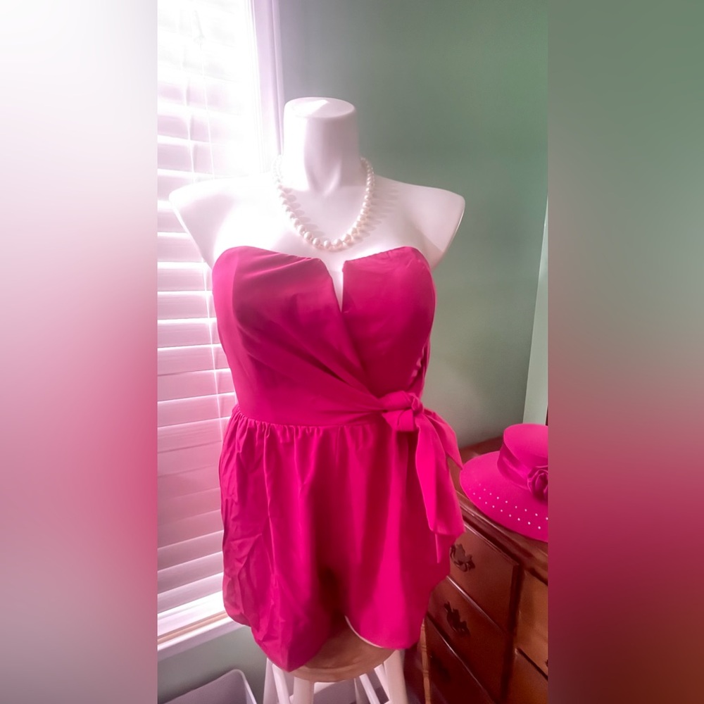Mittoshop Hibiscus Pink Strapless One-Piece Lined Romper Jumper Womens Large NWT - Picture 2 of 14